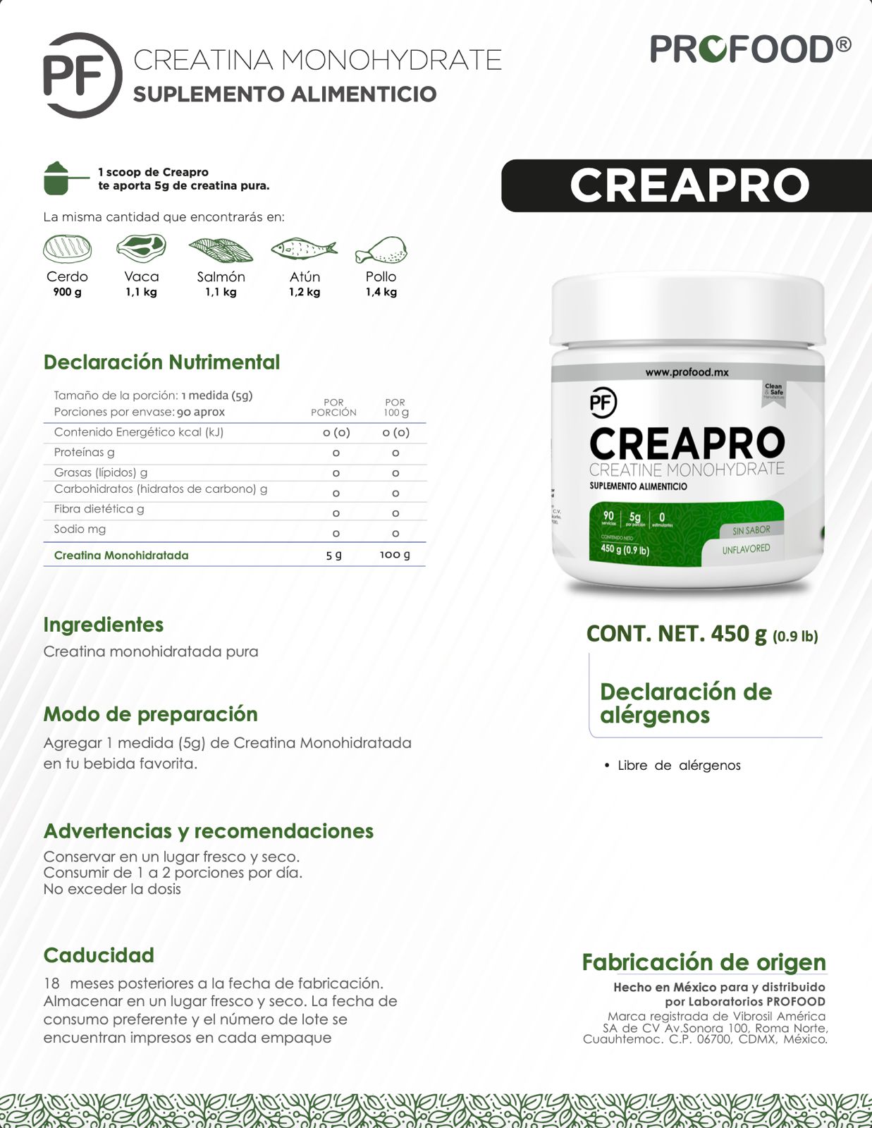 ficha-tecnica CreaPRO - Creatina Pura Monohidratada (incluye 20% Dto.)